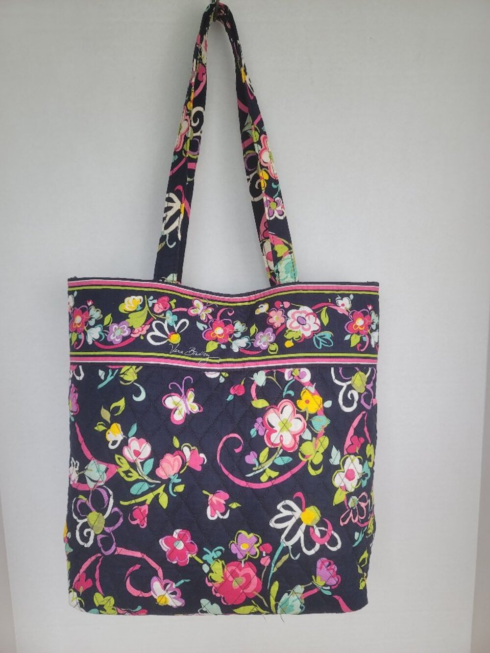 Vera Bradley Ribbons Navy Pink Floral Quilted Cotton Pink Interior Bag Tote
